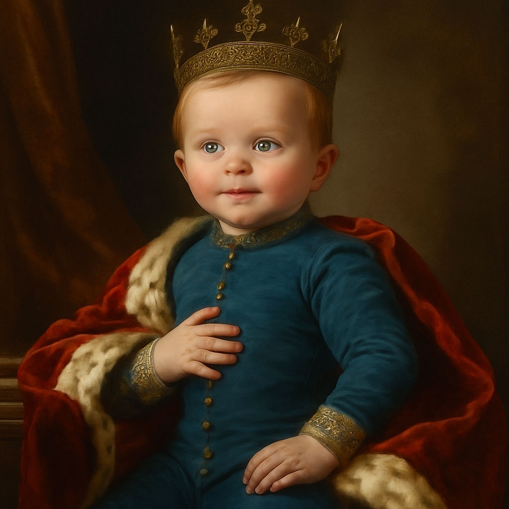 A charming six-month-old baby with bright blue eyes and a curious smile is dressed in a cozy blue striped outfit, sitting comfortably on a plush elephant toy. The background is soft and neutral, highlighting the baby's adorable expression and the milestone card reading 'Six months'.