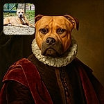 A dignified tan dog with white markings lounges on a patch of dry grass and dirt, gazing calmly at the camera. The background features a tree trunk, green grass, a chain-link fence, and a basketball hoop base, creating a casual backyard scene.