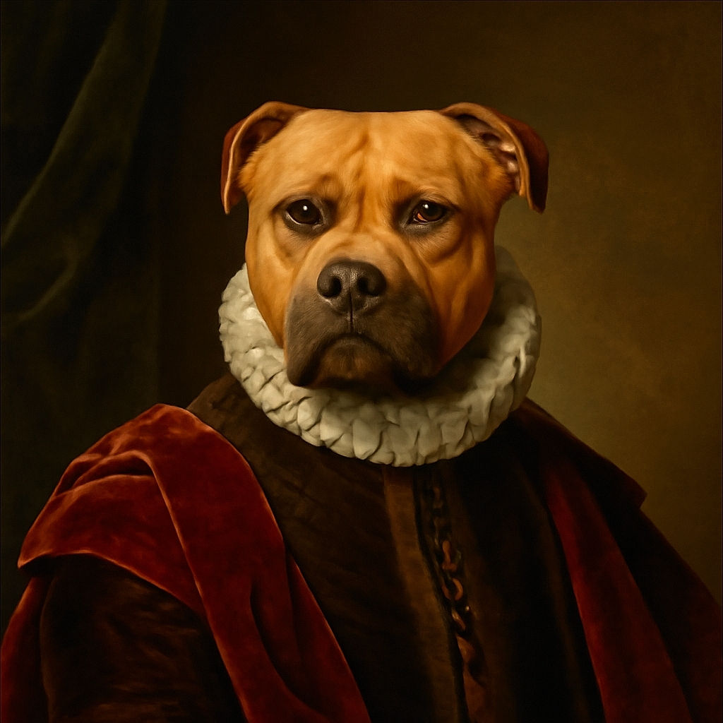 A dignified tan dog with white markings lounges on a patch of dry grass and dirt, gazing calmly at the camera. The background features a tree trunk, green grass, a chain-link fence, and a basketball hoop base, creating a casual backyard scene.