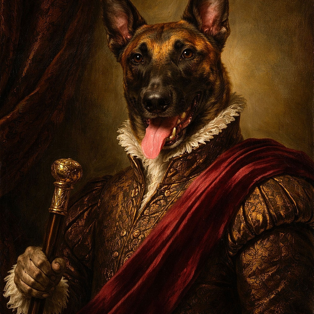 A happy dog with large ears and a tongue hanging out sits on a patterned blanket indoors, looking straight at the camera as if ready for a playful adventure.