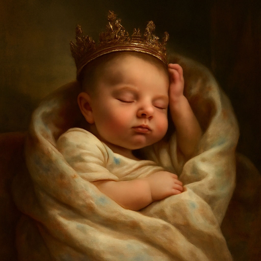 A peaceful newborn baby snoozes soundly, wrapped snugly in a soft, colorful blanket that looks like a warm hug from a rainbow.