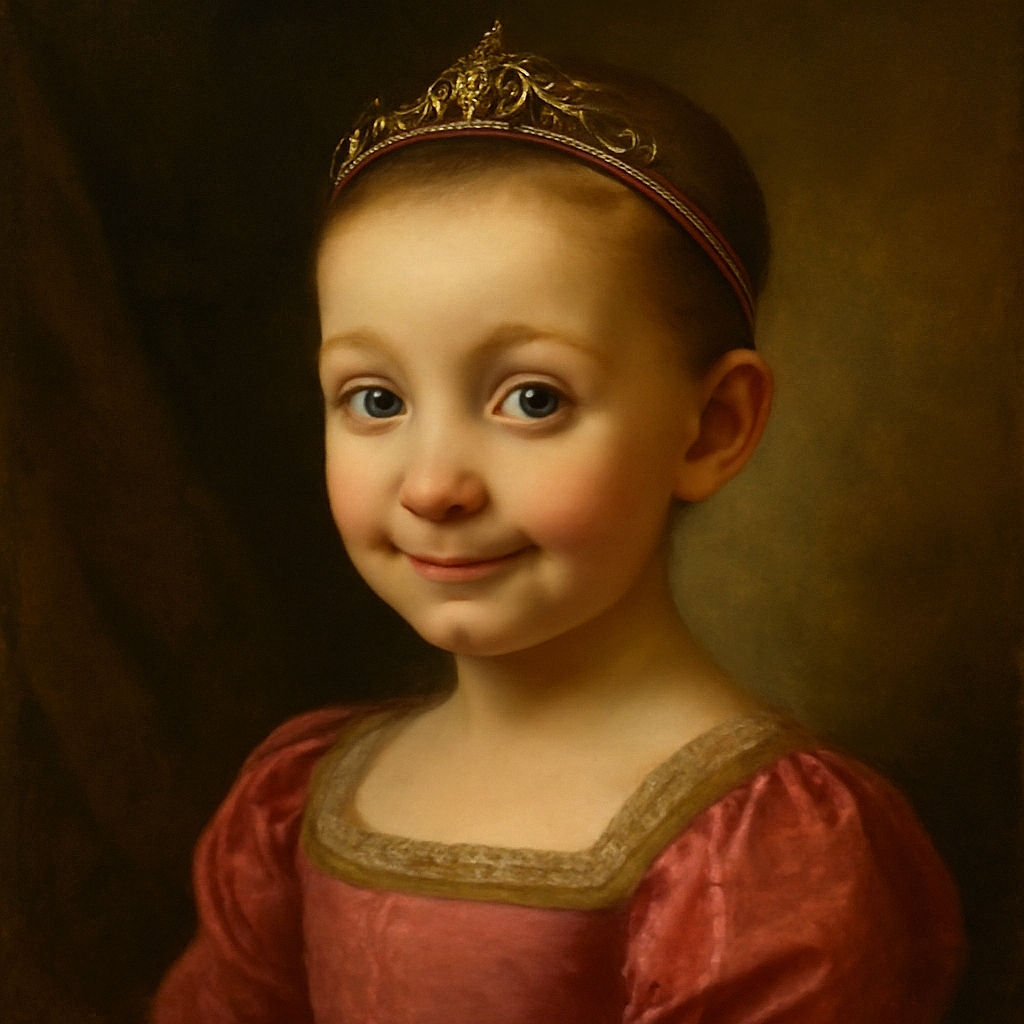 A close-up portrait of a young child with bright eyes and a subtle smile, wearing a pink headband and shirt, with a softly blurred background that keeps the focus on the adorable face.