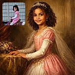 A slightly blurry photo of a smiling child wearing a helmet and a red checkered dress, sitting on a horse indoors with a metal wall background.