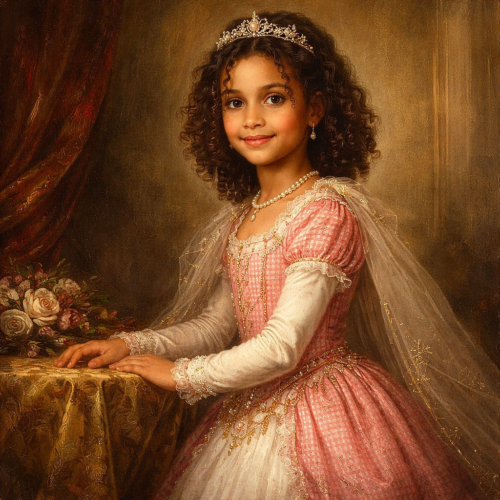 A slightly blurry photo of a smiling child wearing a helmet and a red checkered dress, sitting on a horse indoors with a metal wall background.