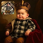 A happy baby lies comfortably in a wooden crib surrounded by playful, colorful toys and a mirror reflecting the baby's peaceful face, dressed in a cozy plaid shirt and brown pants.