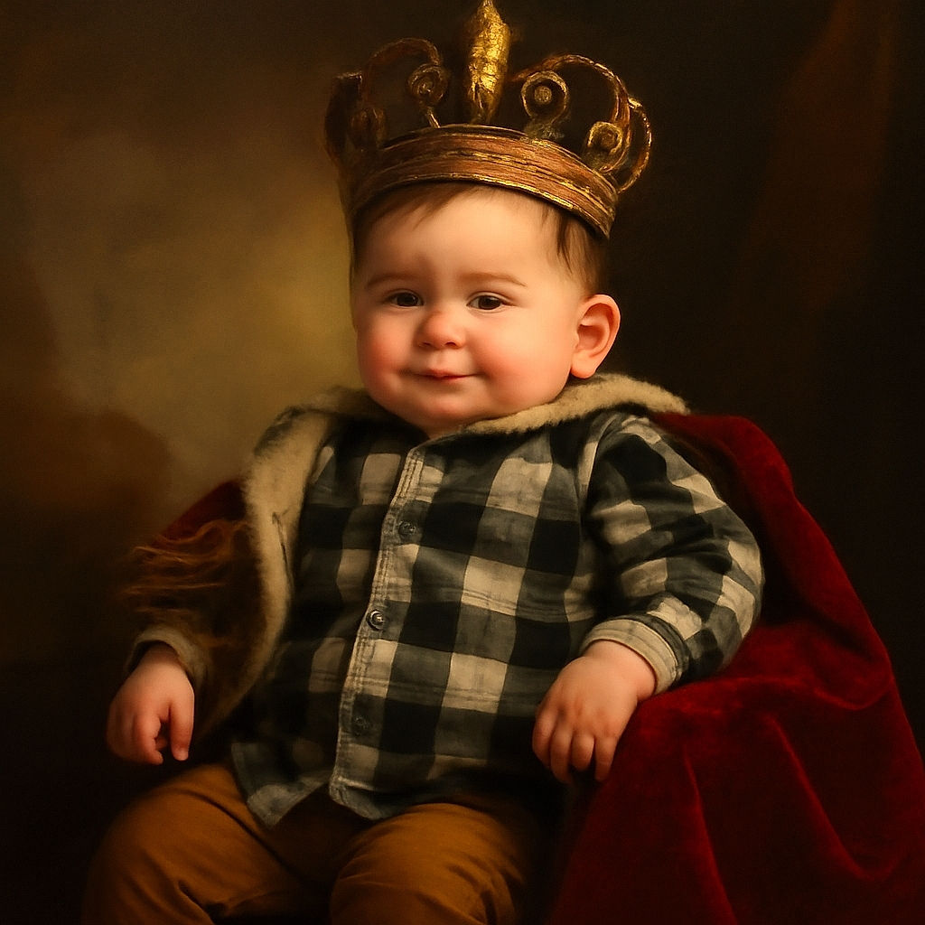 A happy baby lies comfortably in a wooden crib surrounded by playful, colorful toys and a mirror reflecting the baby's peaceful face, dressed in a cozy plaid shirt and brown pants.
