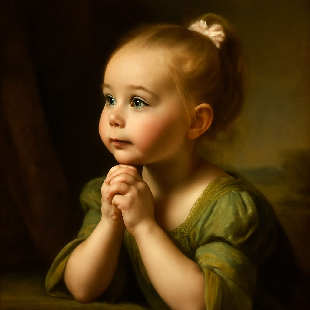 A cute toddler with bright blue eyes and a white bow in her hair gazes thoughtfully to the side, resting her chin on her clasped hands. The soft focus background highlights her delicate features and pastel green outfit, creating a warm and cozy indoor scene.