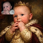 A close-up photo of a curious baby with bright blue eyes, chewing on their hand with a thoughtful expression. The baby wears a light-colored shirt with some text partially visible, and the background is dark, making the baby the clear focus of the image.