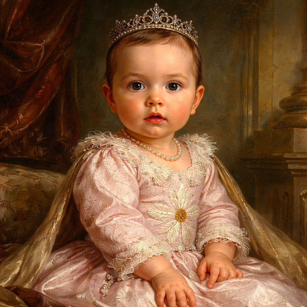 A wide-eyed baby sits like a tiny monarch on a rumpled bed, wearing a fuzzy daisy sweater and socks, surrounded by colorful toys and a leaning mirror; the open doorway in the background adds depth while the scene radiates cozy, slightly chaotic domestic charm.