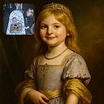 Three kids gathered around a baby in a patterned baby rocker, with the older kids showing curious and playful expressions, and the baby wrapped in a cozy blanket featuring a dog design, all set on a wooden floor with some furniture and toys in the background.