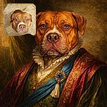 A close-up of an adorable brown dog with soulful amber eyes looking up with a hopeful expression, sitting on a tiled floor. The dog's wrinkled forehead and slightly tilted ears add to its charm, while its wagging tail hints at excitement or anticipation.