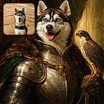 A happy Siberian Husky sits proudly on the beach with icy blue eyes and tongue lolling — looks like it just won Best Sand Angel. Wet fur, colorful harness, and a soft blurred pier in the background make this pup the photographic star of seaside fashion week.