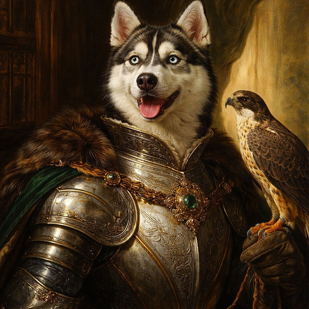 A happy Siberian Husky sits proudly on the beach with icy blue eyes and tongue lolling — looks like it just won Best Sand Angel. Wet fur, colorful harness, and a soft blurred pier in the background make this pup the photographic star of seaside fashion week.