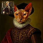 A regal dog dressed in an opulent royal outfit, complete with a crown and scepter, stands proudly in a grand palace hall. The dog's dignified expression contrasts humorously with the luxurious 18th-century aristocratic attire, while a painting of a roasted chicken hangs in the background. Elegant chandeliers and ornate columns add to the majestic atmosphere, with a fancy French text overlay at the bottom adding a noble yet whimsical touch.