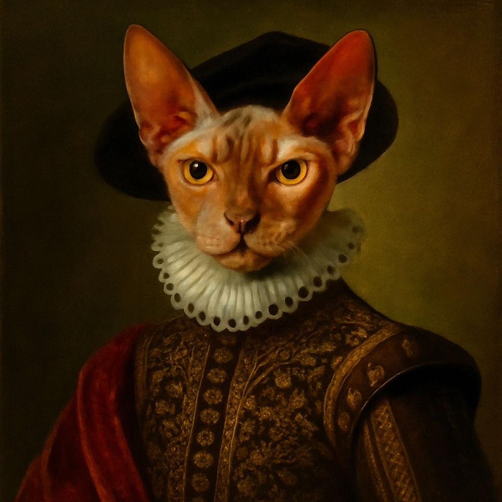 A regal dog dressed in an opulent royal outfit, complete with a crown and scepter, stands proudly in a grand palace hall. The dog's dignified expression contrasts humorously with the luxurious 18th-century aristocratic attire, while a painting of a roasted chicken hangs in the background. Elegant chandeliers and ornate columns add to the majestic atmosphere, with a fancy French text overlay at the bottom adding a noble yet whimsical touch.