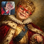 A cheerful young child with curly hair and oversized bright red glasses grins widely while strapped securely in a car seat, radiating pure joy and a hint of mischief in a cozy car interior.