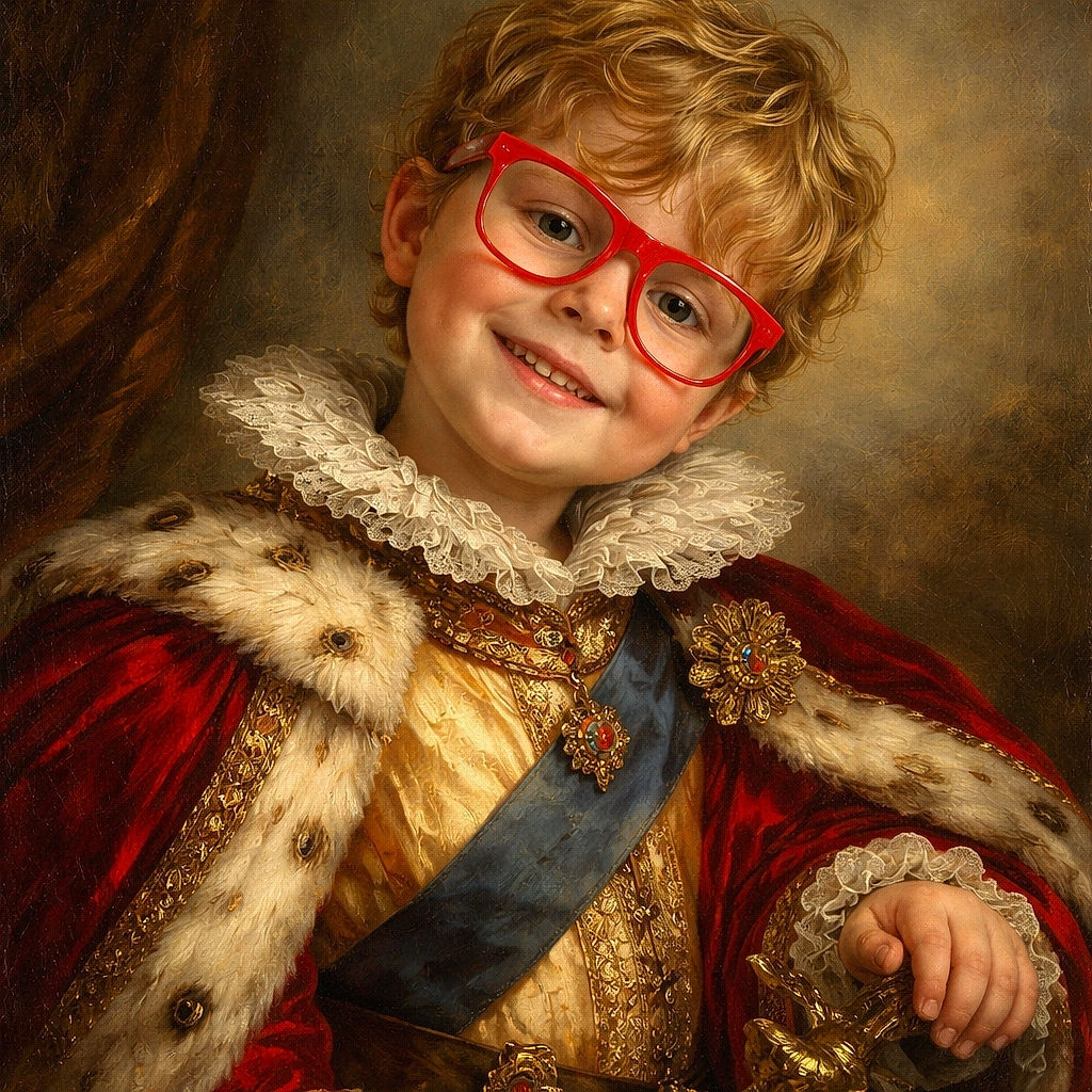 A cheerful young child with curly hair and oversized bright red glasses grins widely while strapped securely in a car seat, radiating pure joy and a hint of mischief in a cozy car interior.