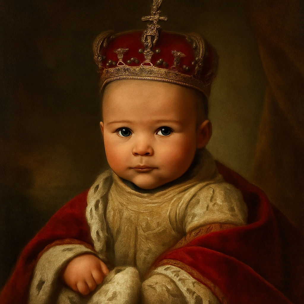 A close-up of an adorable baby gazing curiously at the camera, with soft natural light highlighting the smooth skin and big dark eyes. The background shows a cozy living room setting with a laundry basket and some household items, while the baby rests on a colorful blanket.