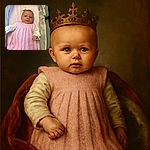 A serious-faced baby lying in a cozy bassinet, dressed in a delicate pink knitted dress with a pacifier resting just above the head, looking like they are contemplating the mysteries of the universe.