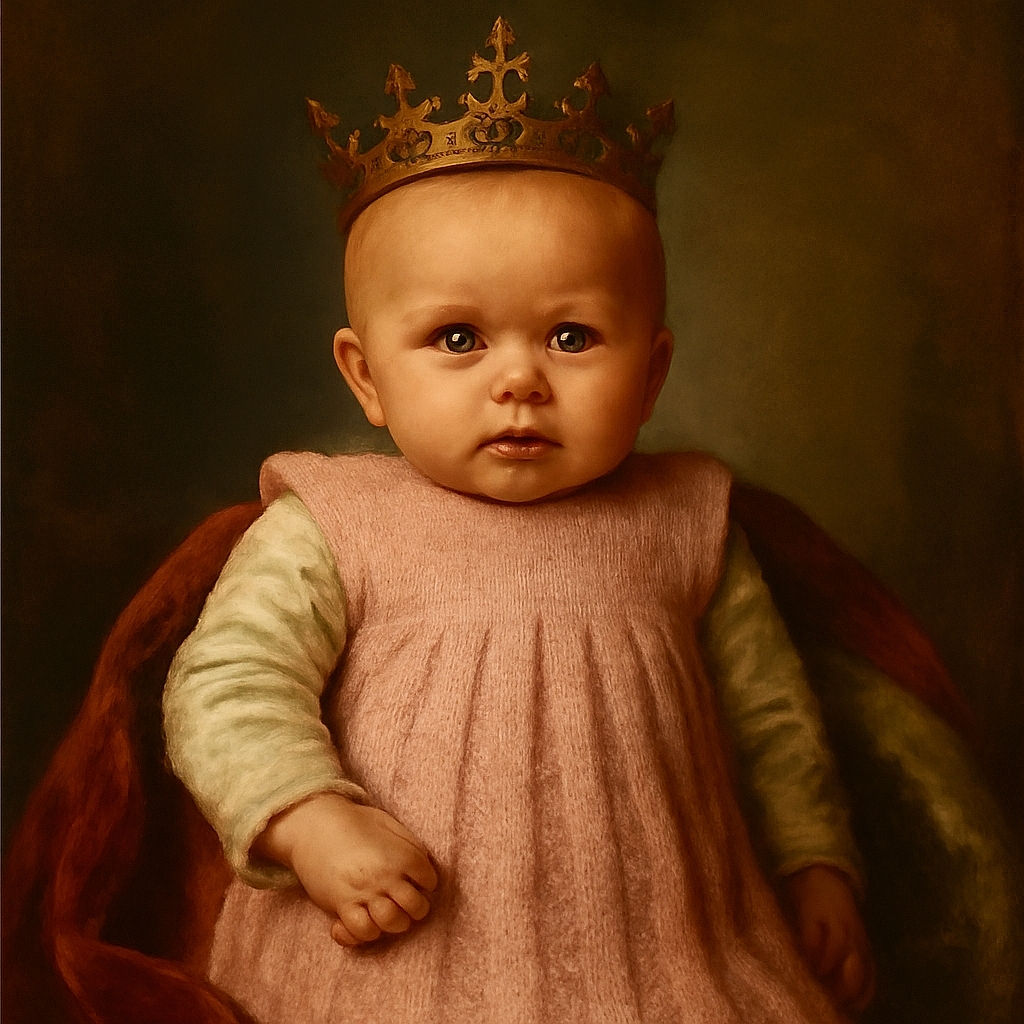 A serious-faced baby lying in a cozy bassinet, dressed in a delicate pink knitted dress with a pacifier resting just above the head, looking like they are contemplating the mysteries of the universe.