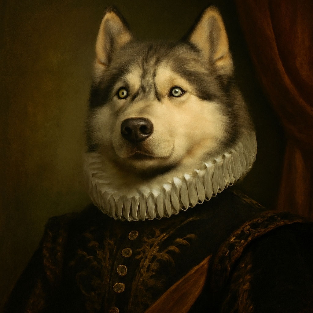 A majestic husky with piercing blue eyes lounges on a patio chair, mouth open wide as if mid-yawn or mid-bark, surrounded by greenery and a clear blue sky.