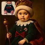 A wide-eyed baby dressed in a festive elf outfit complete with a striped Santa hat and candy cane details sits on a cozy textured blanket, looking adorably surprised as if caught mid-thought about holiday mischief.