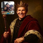A cheerful family moment captured at an outdoor cafe with a man and two kids smiling and playing around a table cluttered with glasses, toys, and pacifiers, under a bright sky with a hotel sign in the background.