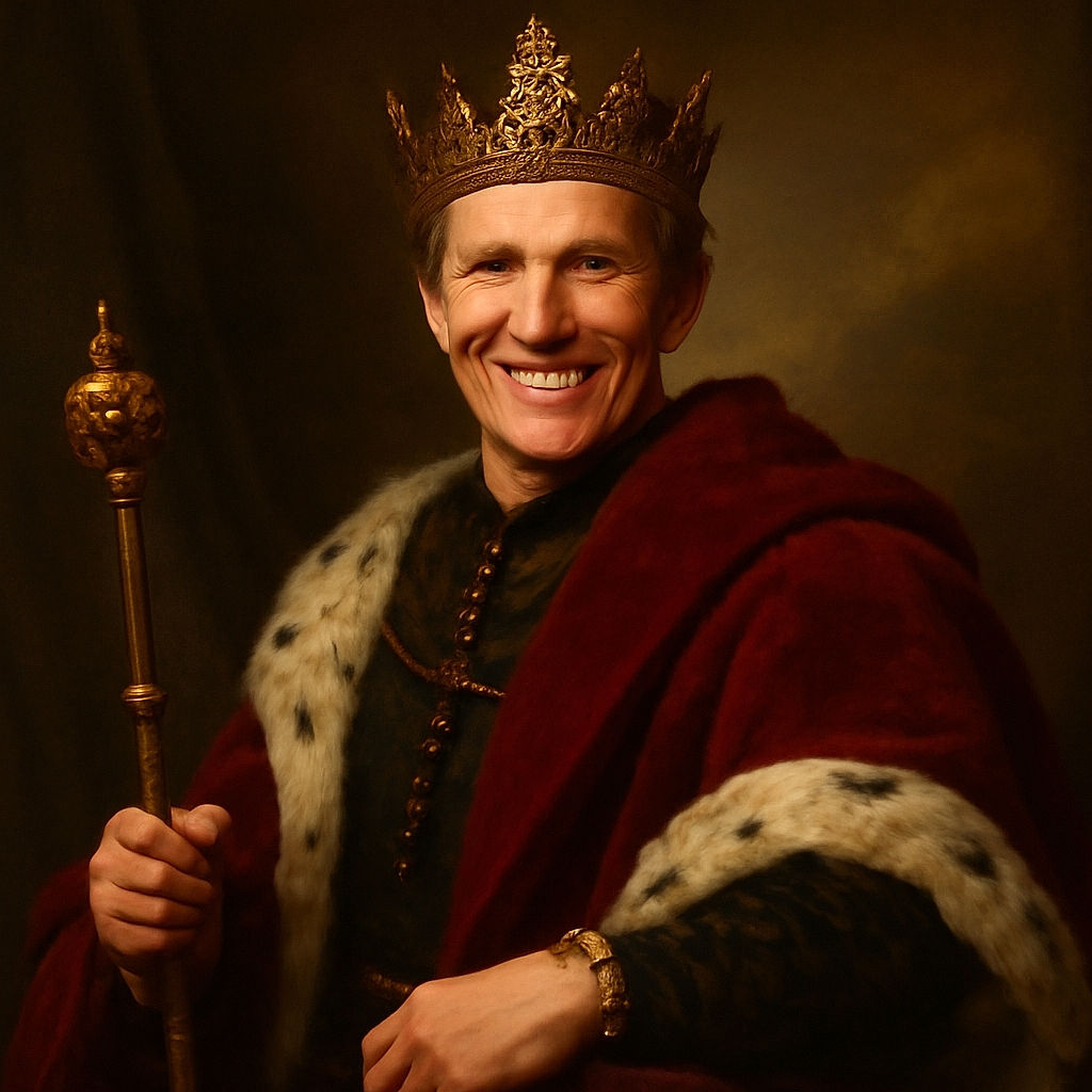 A cheerful family moment captured at an outdoor cafe with a man and two kids smiling and playing around a table cluttered with glasses, toys, and pacifiers, under a bright sky with a hotel sign in the background.