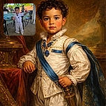 A confident young child in white attire stands proudly under a covered patio, holding a string with a playful fist pump. The background features a decorated table with flowers and blurred figures enjoying a sunny day.
