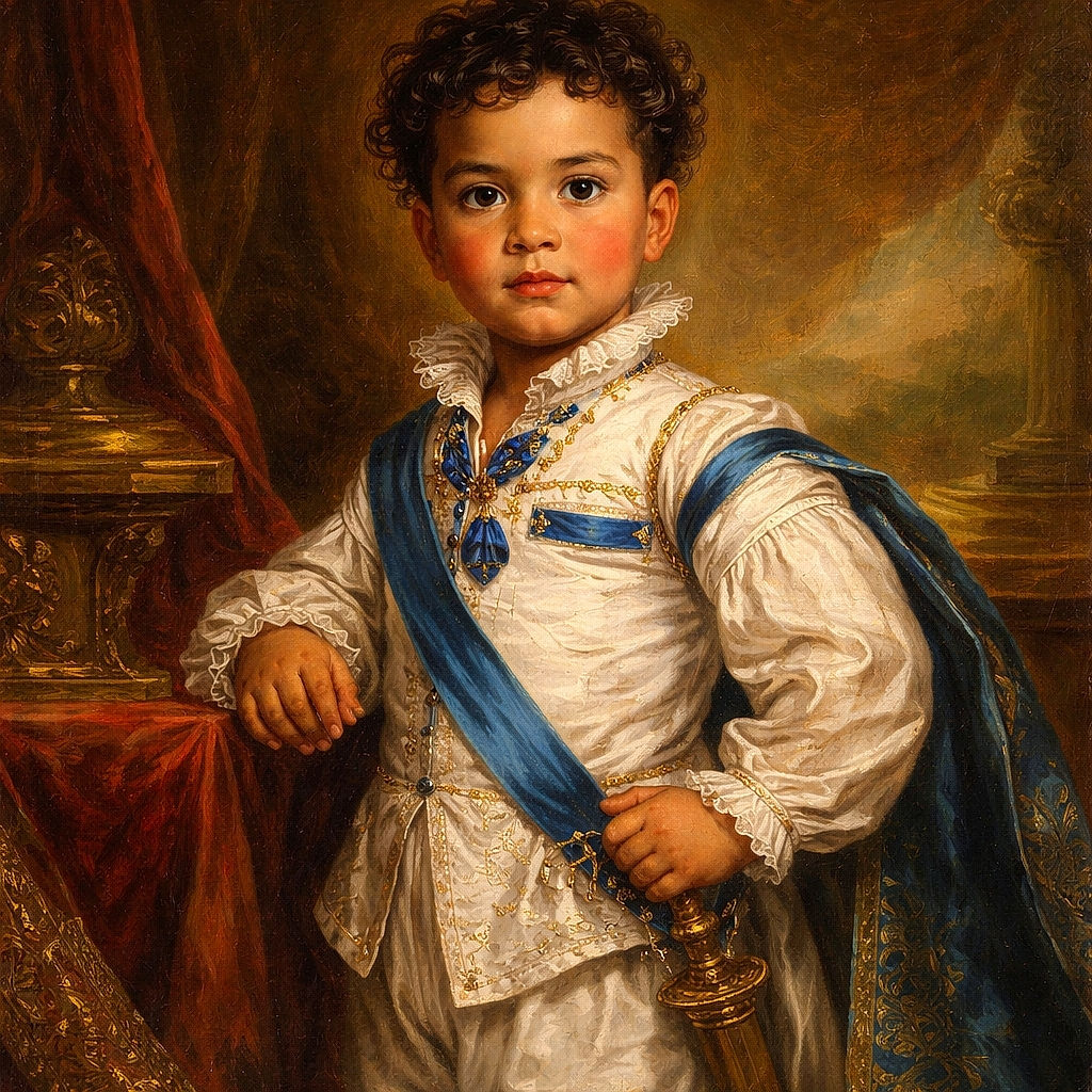 A confident young child in white attire stands proudly under a covered patio, holding a string with a playful fist pump. The background features a decorated table with flowers and blurred figures enjoying a sunny day.