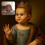 A charming baby with big curious eyes and a slight smile waves a tiny hand, wearing a butterfly-patterned shirt, sitting comfortably against a textured background with soft lighting from the side creating a warm atmosphere.