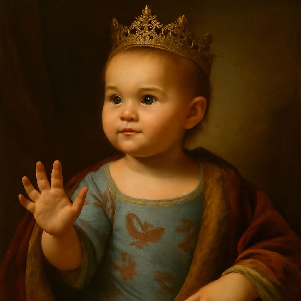A charming baby with big curious eyes and a slight smile waves a tiny hand, wearing a butterfly-patterned shirt, sitting comfortably against a textured background with soft lighting from the side creating a warm atmosphere.