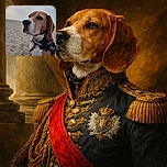 A dignified beagle wearing a harness poses on a sandy beach under a soft, cloudy sky, looking thoughtfully into the distance as if contemplating the mysteries of the ocean.