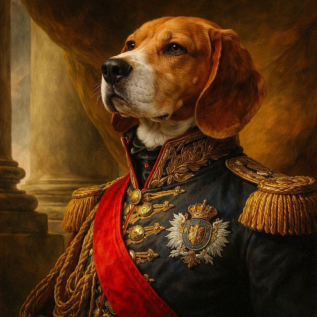 A dignified beagle wearing a harness poses on a sandy beach under a soft, cloudy sky, looking thoughtfully into the distance as if contemplating the mysteries of the ocean.