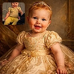A cheerful baby with bright eyes and a wide smile sits comfortably, wearing a floral top and yellow pants, with a cozy indoor background featuring baby toys and a TV screen above.
