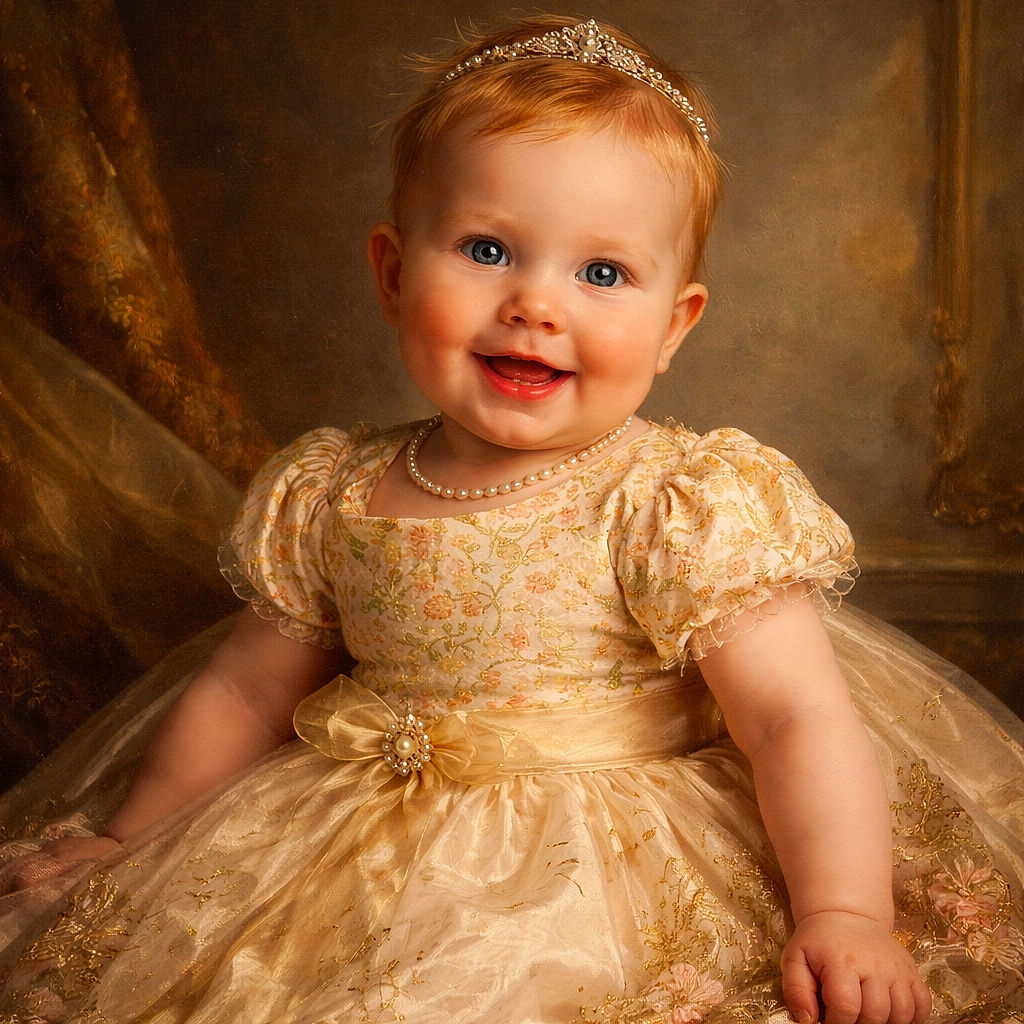 A cheerful baby with bright eyes and a wide smile sits comfortably, wearing a floral top and yellow pants, with a cozy indoor background featuring baby toys and a TV screen above.