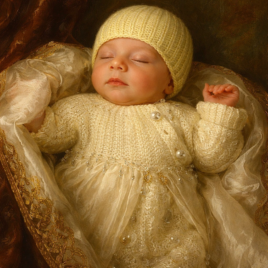 A tiny snooze champion bundled in a pale yellow knitted hat and sweater, sprawled comfortably on a cloud of blankets with little fists mid-dream — clearly auditioning for 'Most Adorable Nap'.