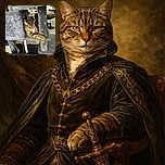 A cozy tabby cat lounges elegantly in a plush gray cat tree, crossing its paws like a feline aristocrat surveying its kingdom. The background shows a neat living space with a dining table and chairs, adding a homely vibe to the scene.