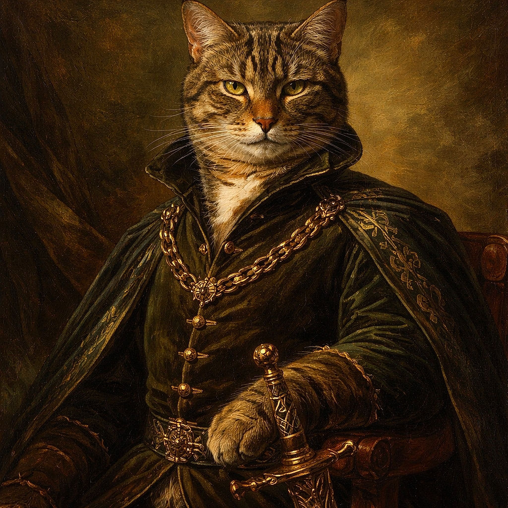 A cozy tabby cat lounges elegantly in a plush gray cat tree, crossing its paws like a feline aristocrat surveying its kingdom. The background shows a neat living space with a dining table and chairs, adding a homely vibe to the scene.