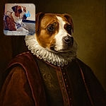 A calm dog wearing a harness lounges on a cozy blanket while a whimsical blue butterfly rests on its nose, surrounded by sparkling snowflake effects that add a magical touch to the indoor scene.