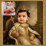 A beautifully dressed baby sits like a tiny royal fashion icon, clutching their outfit with a wonderfully serious expression while leafy decor peeks out behind them.