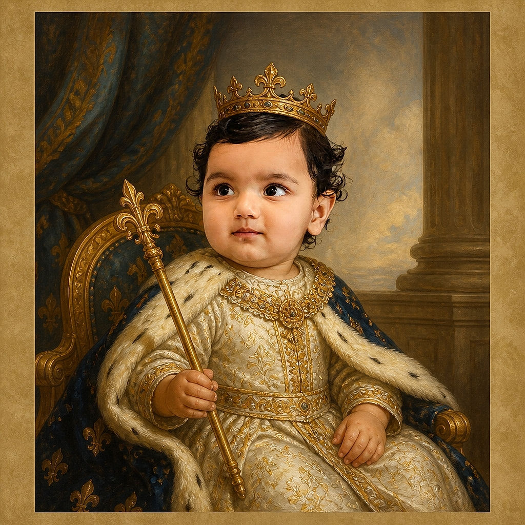 A beautifully dressed baby sits like a tiny royal fashion icon, clutching their outfit with a wonderfully serious expression while leafy decor peeks out behind them.