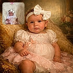 A serious-faced baby dressed in a frilly pink and white outfit with a big white bow headband, reclining on a fluffy cream-colored blanket with a '3 months' milestone card hanging above.