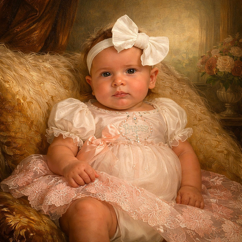 A serious-faced baby dressed in a frilly pink and white outfit with a big white bow headband, reclining on a fluffy cream-colored blanket with a '3 months' milestone card hanging above.