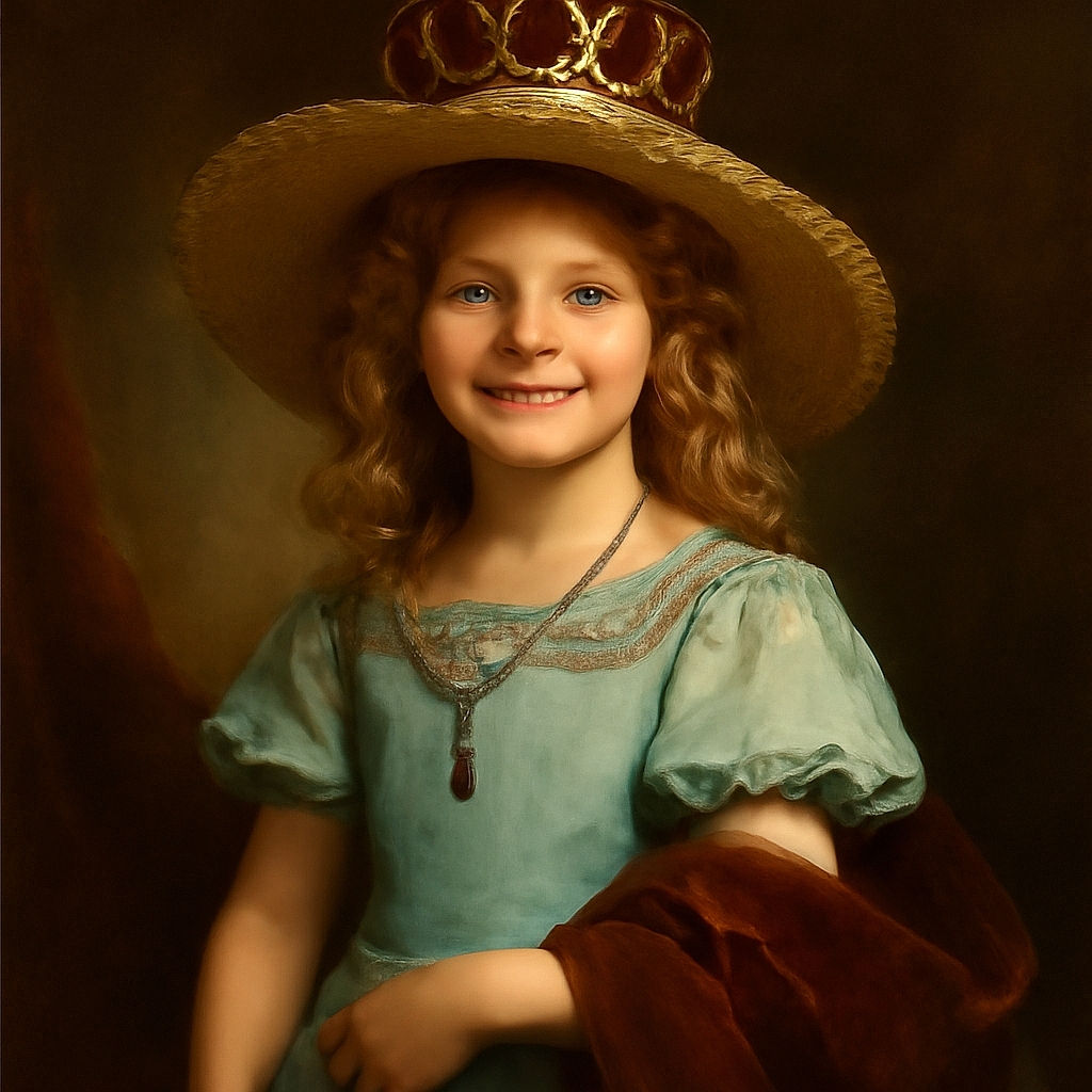 A cheerful young girl with curly blonde hair and a wide-brimmed hat sits comfortably in a shiny metal chair outdoors, holding a menu or booklet with a relaxed smile, bathed in warm natural light on a sunny day.