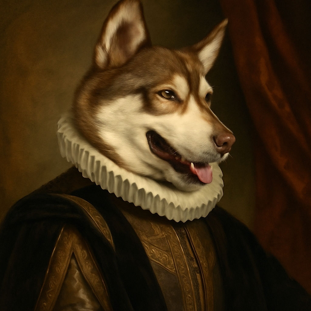 A happy husky dog lounges comfortably on a bed with a cozy blanket, tongue playfully sticking out as if caught mid-smile, capturing a candid moment of canine contentment indoors.