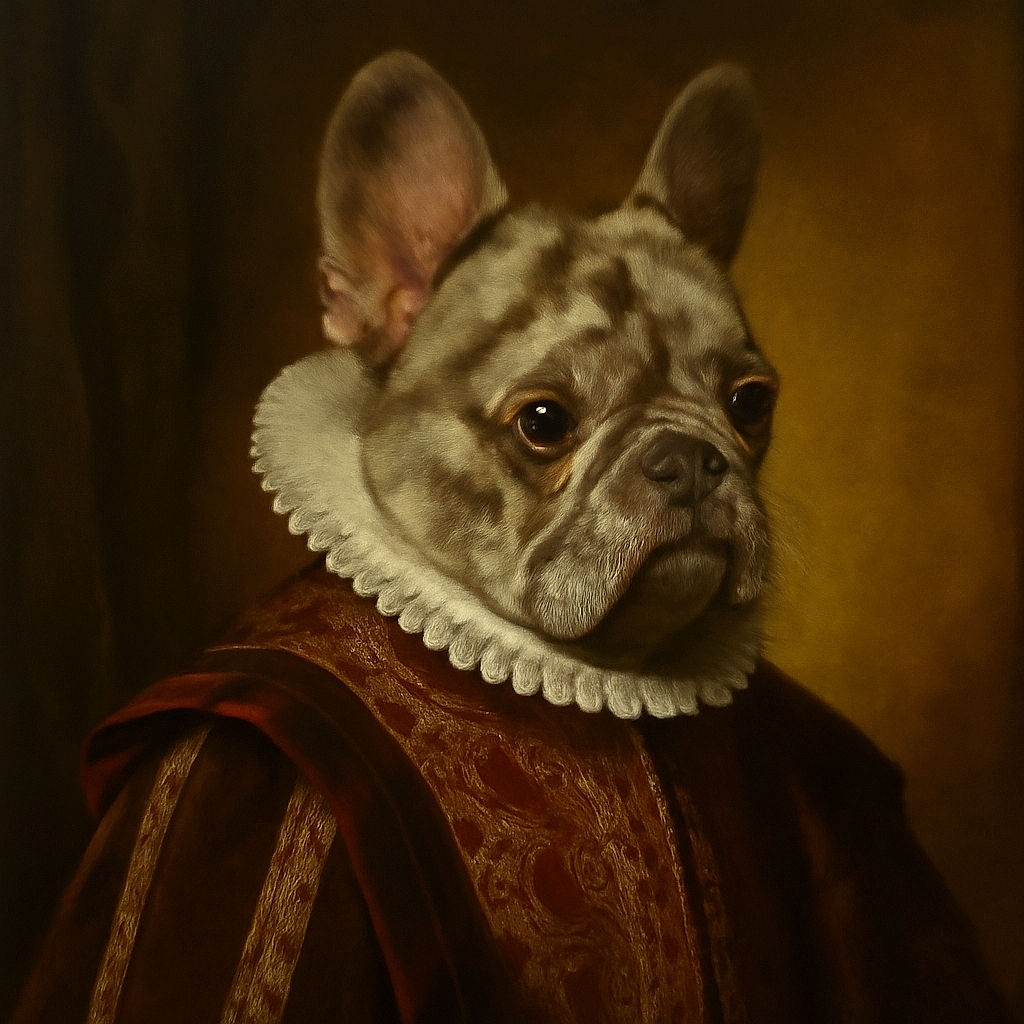 A small dog with a brindle coat and large ears is standing on its hind legs, wearing a cozy pink hoodie, looking curiously over a gray surface in a dimly lit room with wooden floors and some furniture.