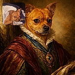 A small brown dog snuggled in a cozy blanket, peeking out with wide, curious eyes as if caught mid-nap or mid-thought, surrounded by soft textures and warm colors.