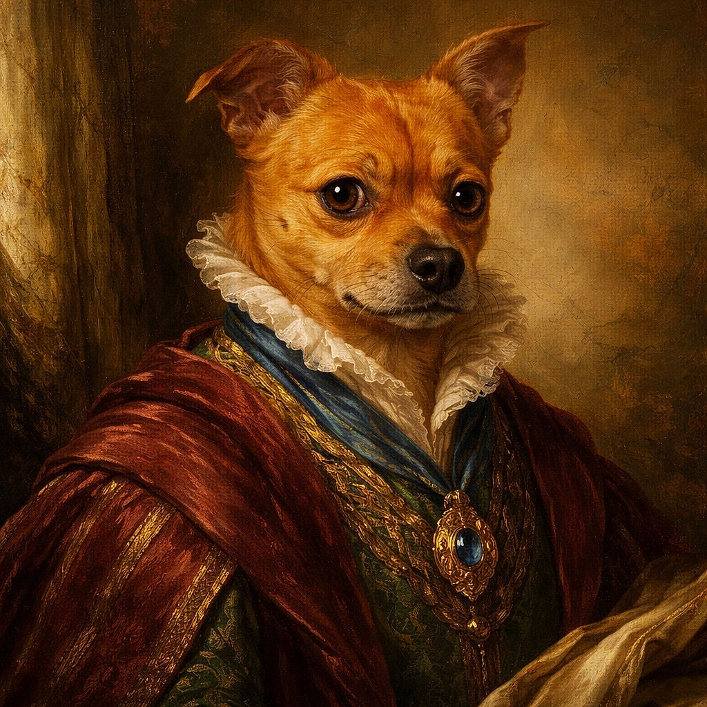 A small brown dog snuggled in a cozy blanket, peeking out with wide, curious eyes as if caught mid-nap or mid-thought, surrounded by soft textures and warm colors.