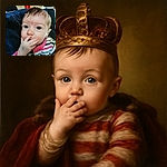 A curious baby with big, bright eyes is caught in a candid moment, fingers playfully near the nose, dressed in a colorful striped outfit, cozy against a dark blue cushion with a softly blurred background.